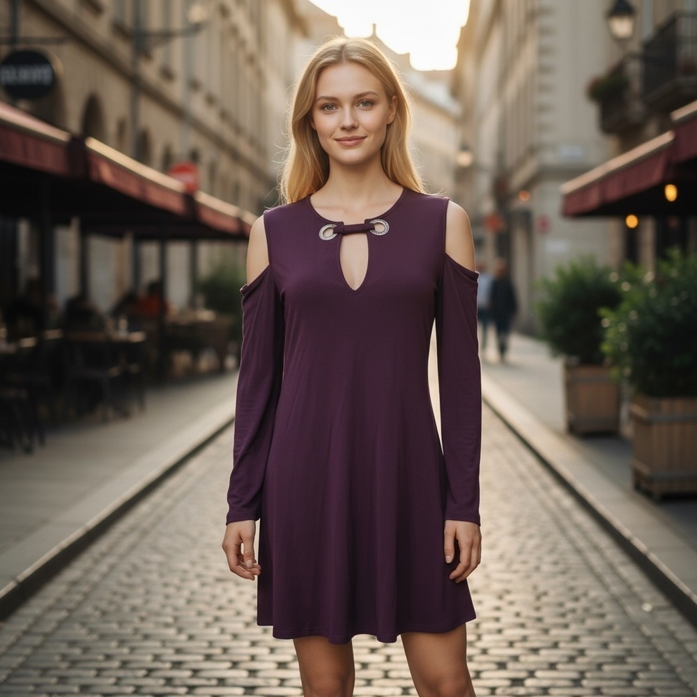 Purple Cold Shoulder V Neck Dress
New